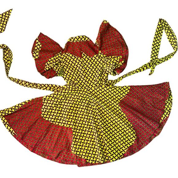 Yellow Black & Red Geometric Ankara Print 100% Cotton Layered Wrap Dress (S) - Picture 5 of 12